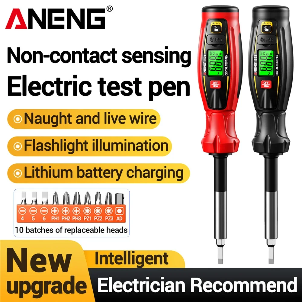 

Sensing Voltage Screwdriver Tester Pen Non Contact 10 replaceable batch heads Rechargeable 30~1000V Detection Tools ANENG B21