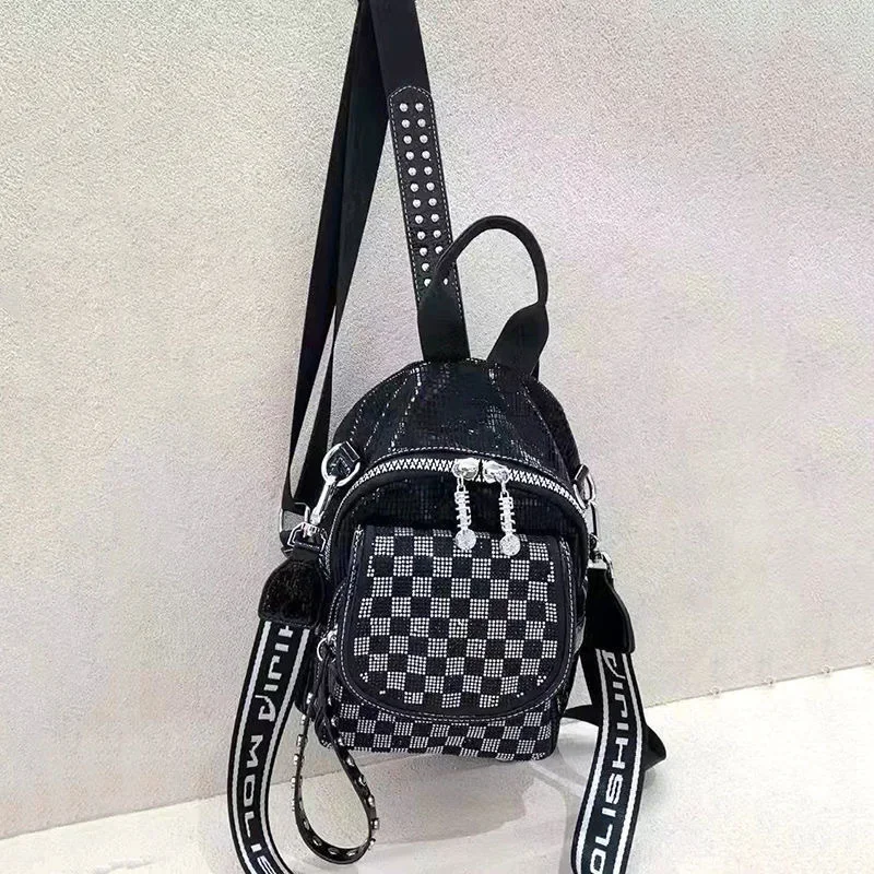 High Quality Female Fashion Checkerboard Rhinestone Small Cute Backpack Lady Vintage Designer Travel Daily Everyday Knapsack Bag