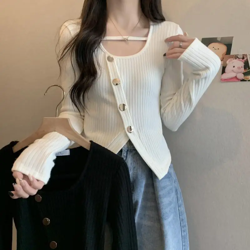 New Knitted Bottom Shirt French Style Unique Revealing Clavicle Top Irregular Long Sleeve T-shirt for Women