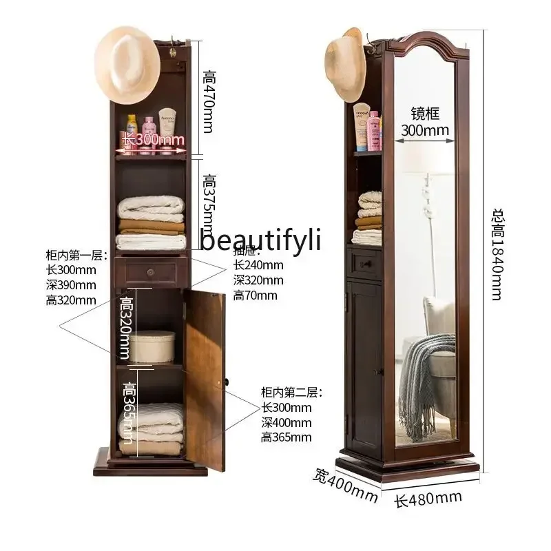 P3  AmericanStyle Solid Wood Full-Body Floor Mirror European-Style Retro Changing Mirror Bedroom Vertical Storage Rotating Coat