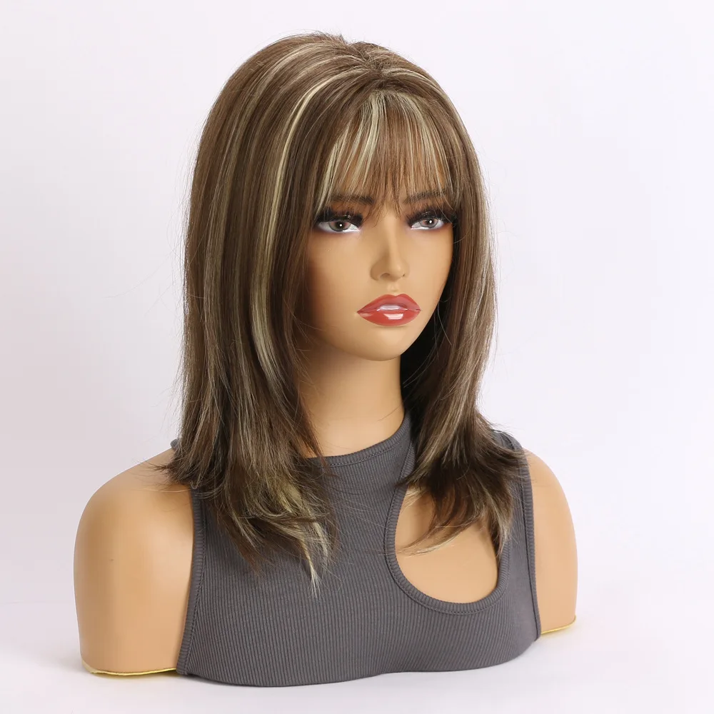 Synthetic Wigs with Bangs Straight Short Highlights Brown Mixed Light Gold Layered Wig with for Women Daily Cosplay Wigs