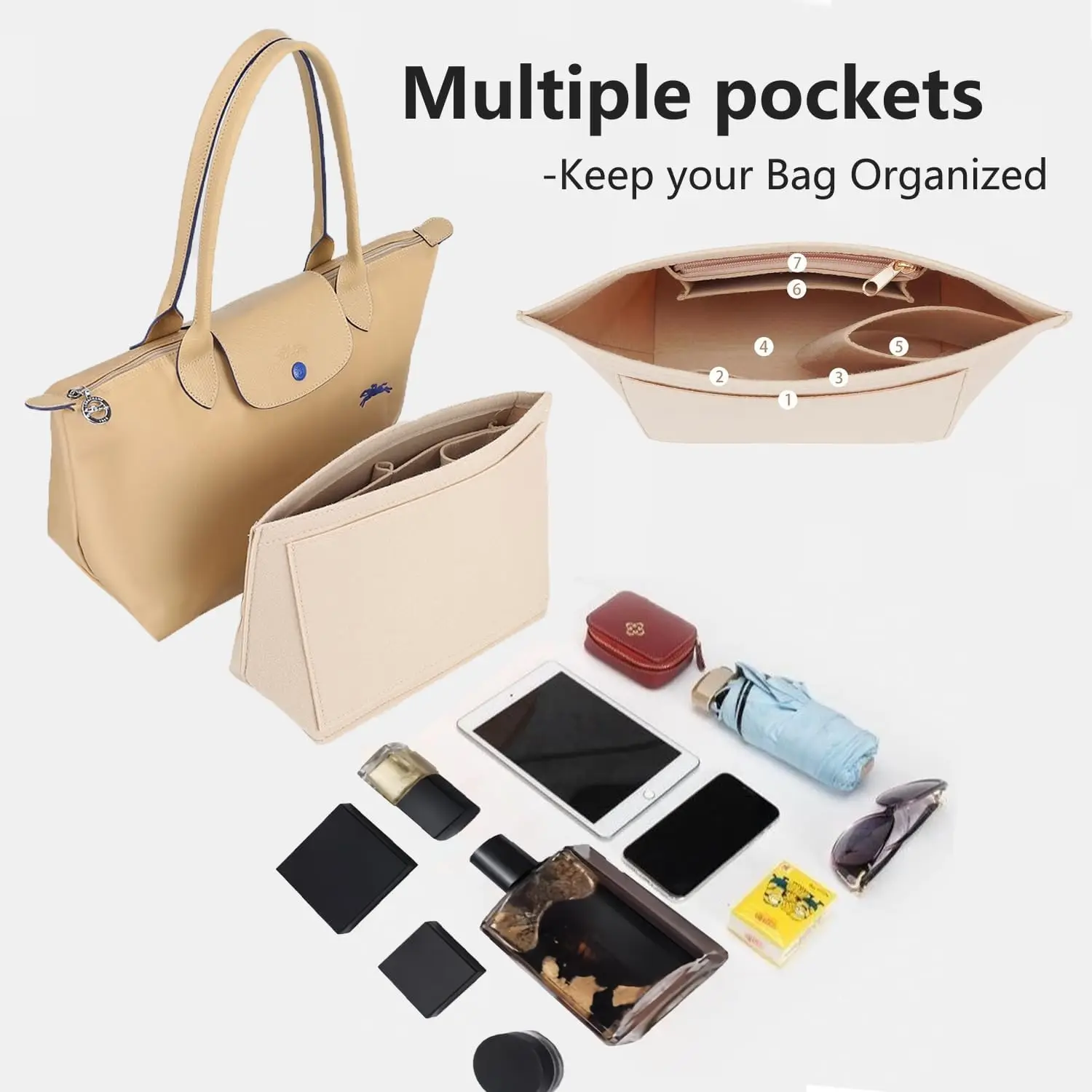 Organizador de Bolsos en Forma de Luna de Fieltro con 7 Divisores, Forro Interior Plegable para Organización de Bolsos, Múltiples Bolsillos de Almacenamiento