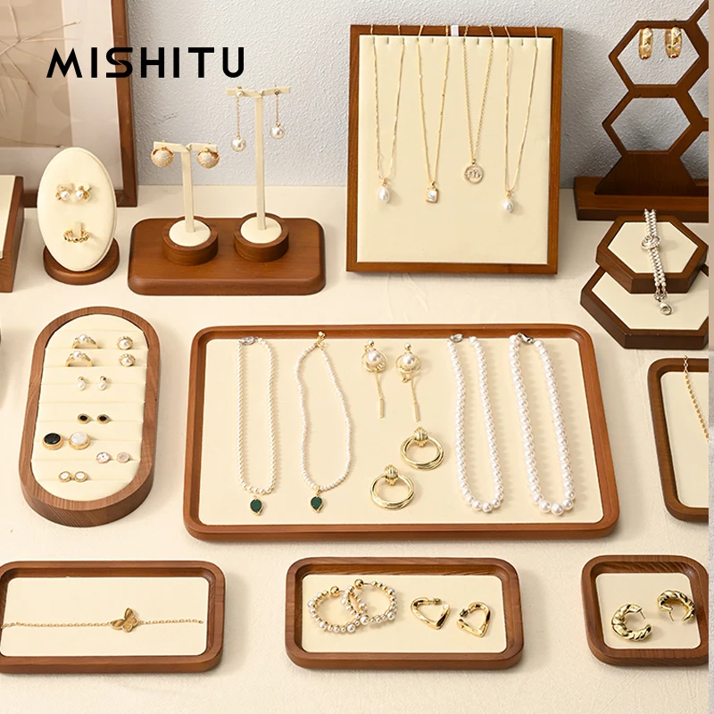 MISHITU Wooden Jewelry Organizer Tray Ring Earring Necklace Bracelet Watch Jewelry Tray Organizer Stackable Jewelry Storage Tray