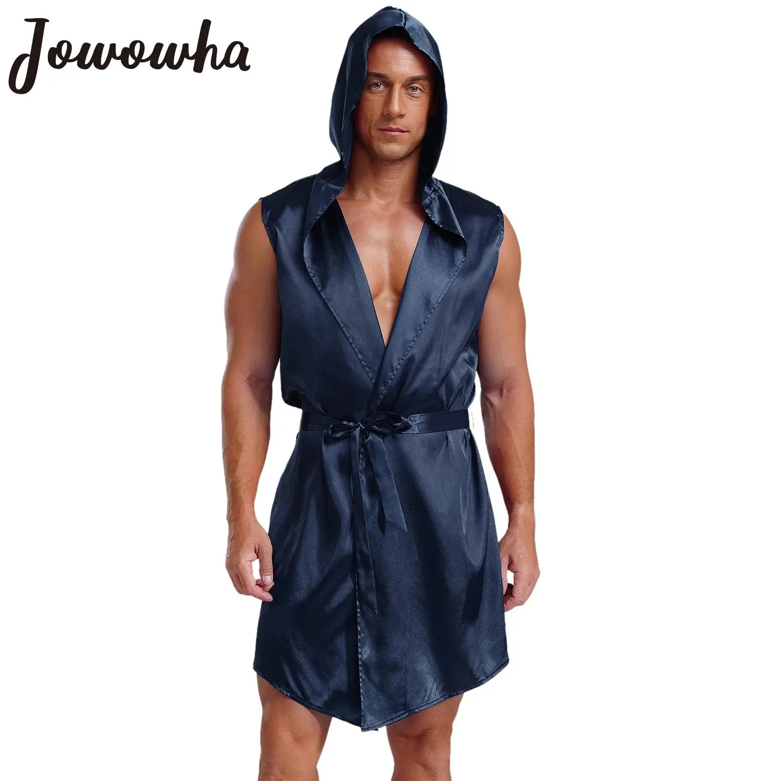 

Mens Satin Hooded Pajama Robe with Belt Sleeveless Open Front Lace Up Nightgown Bathrobe Sleepwear Sissy Loungewear Nightwear