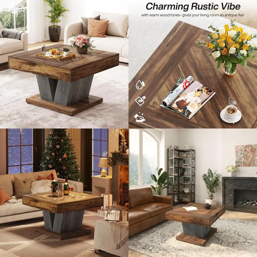

Tribesigns Square Coffee Table, Wood Center Table for Living Room, 31.5 Modern Cocktail Tea Accent Table, Rustic Brown & Black