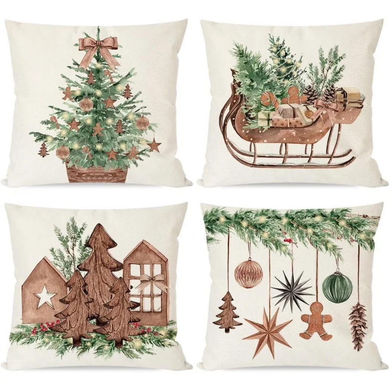 

Christmas Wooden Xmas Tree Sleigh Neutral Rustic Farmhouse Winter Holiday Decorative Throw Pillow Cases Set of 4