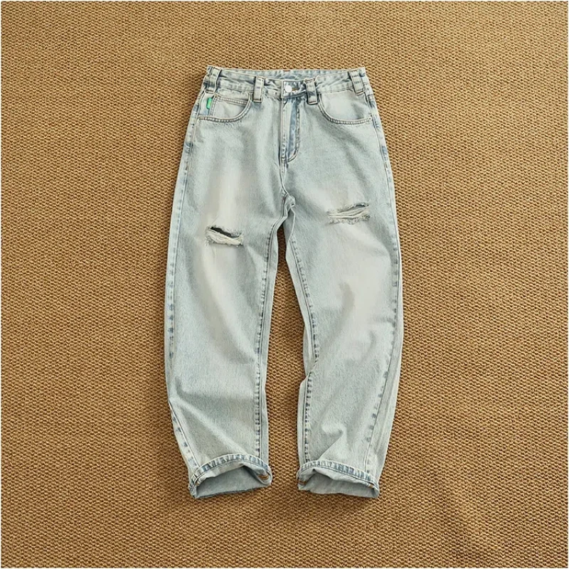 Celana Denim Bay Wash Retro Biru Muda Tren High Street Pria Tren Jeans Vintage Musim Panas Baru Robek