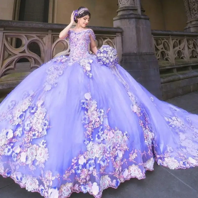 

Lilac Floral Beading Crystal Quinceanera Dresses Ball Gown Sequined Appliques Corset Sweet 15 Vestidos De Sweet 16 Gown