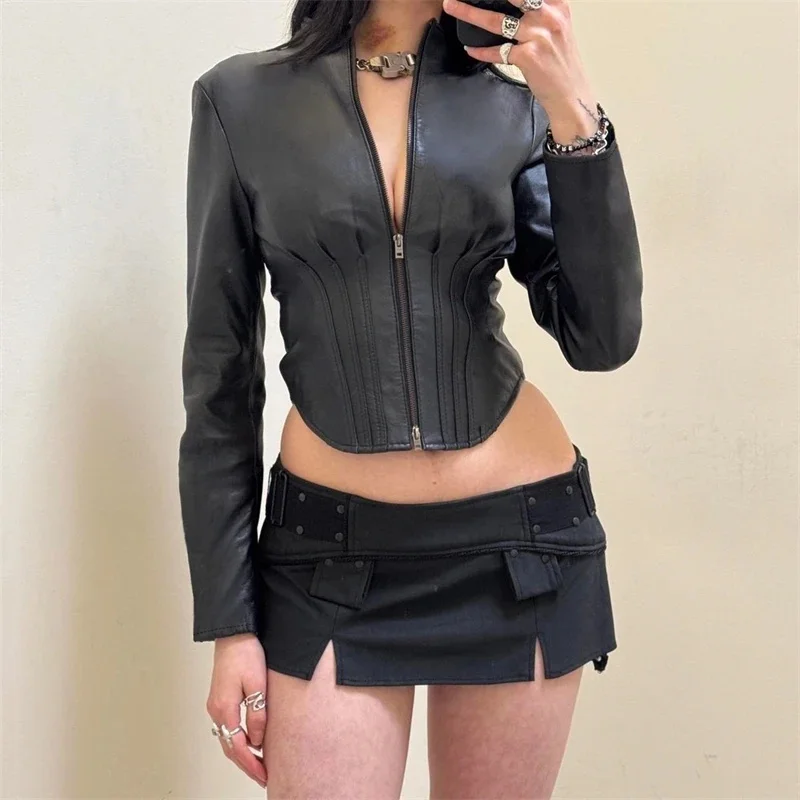 PU Leather Moto Jacket Vintage Stand Collar Waist Zip Slimming Oversized Biker For Women Streetwear Party Night Edgy Gothic
