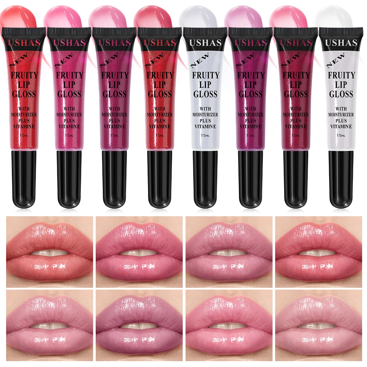 USHAS Liquid lip gloss with applicator, moisturizing, mirror gloss, hydrated lips, suitable for all skin types