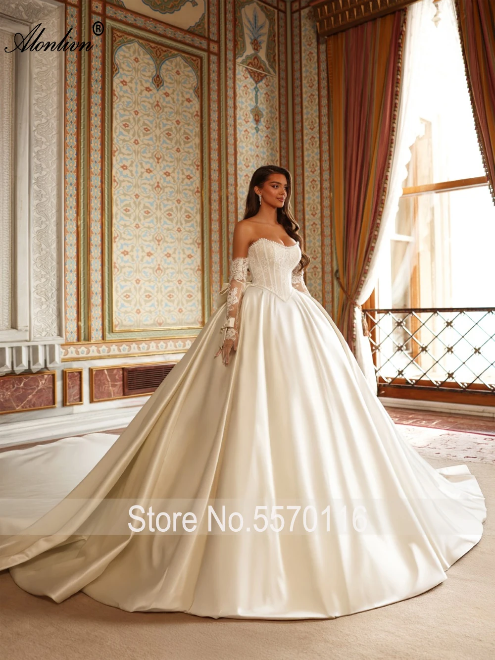 Alonlivn Custom Made Luxury Satin Ball Gown Wedding Dresses Removable Sleeves Beaded Pearls Lace Boat Neck Princess Bridal Gowns