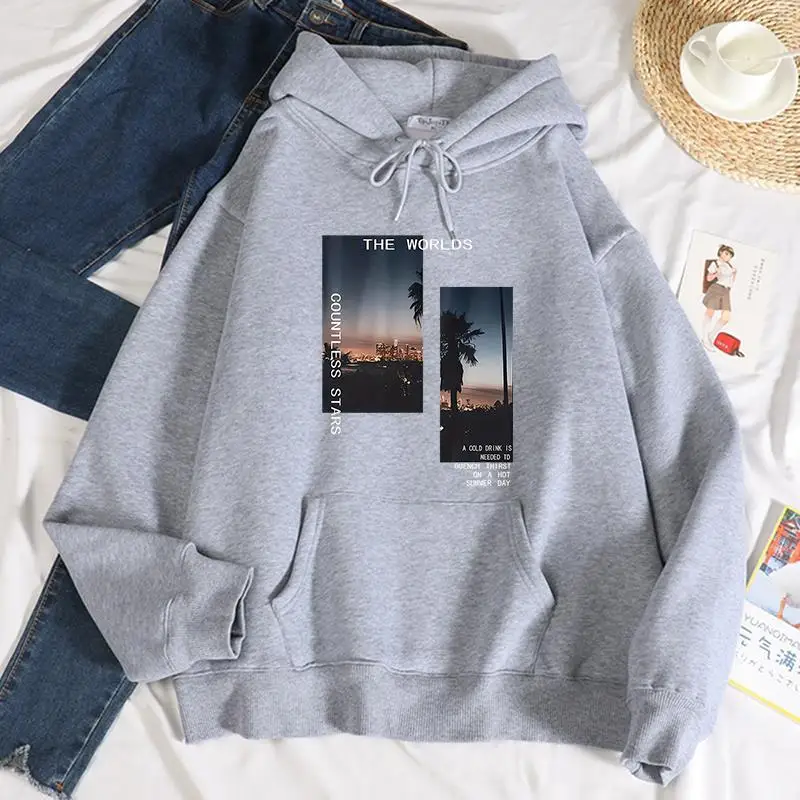 

Autumn Winter Womens Hoodies City Scene The Worlds Printing Pullovers Loose Pocket Warm Comfortable Sweatshirts Street Clothing