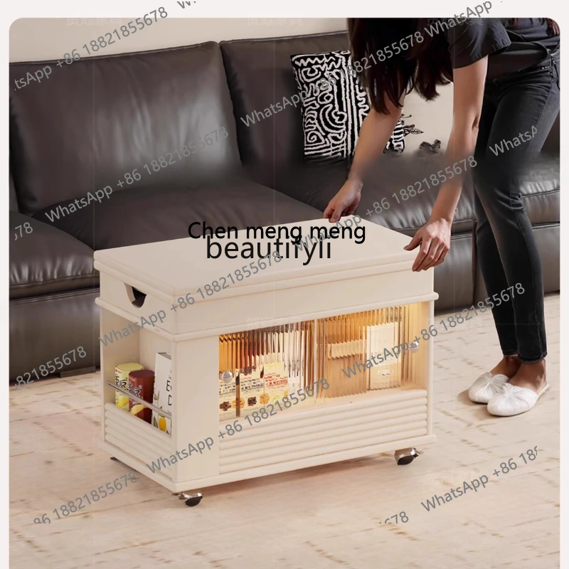 X Folding Mobile Coffee Table with Wheels for Small Apartments, Home Living Room, Adjustable Sofa Side Cabinet, Small Trolley
