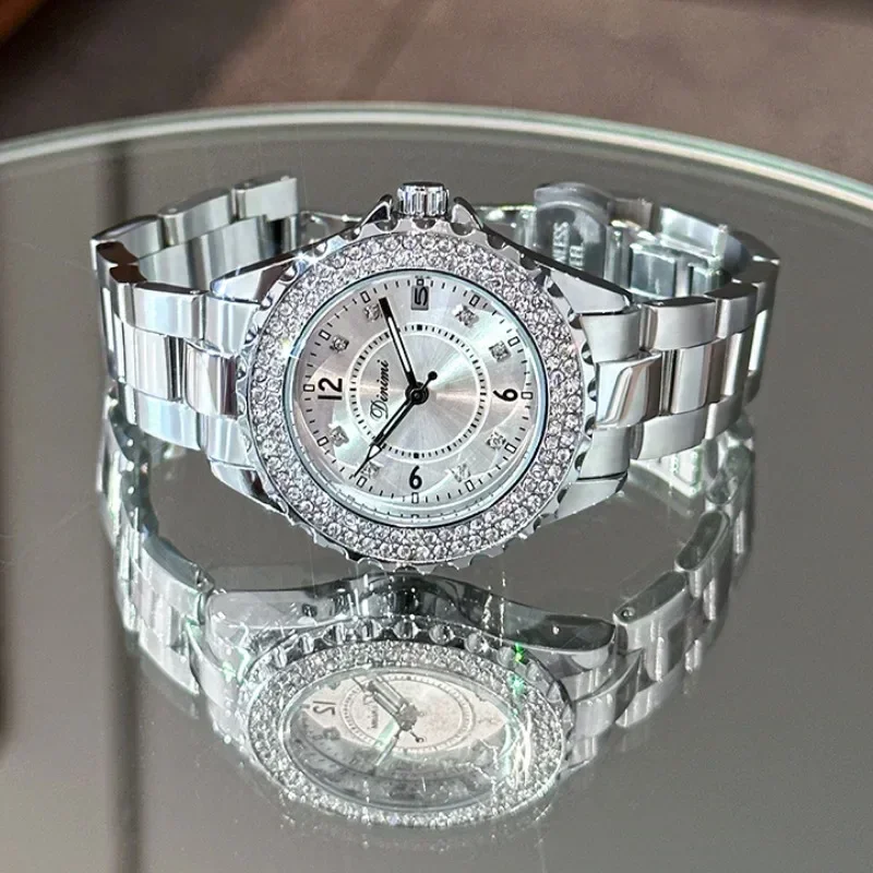 Business Women Watch Exquisite Water Diamond Light Luxury Women Quartz Wristwatches Waterproof Steel Bands Fashion Business Gift