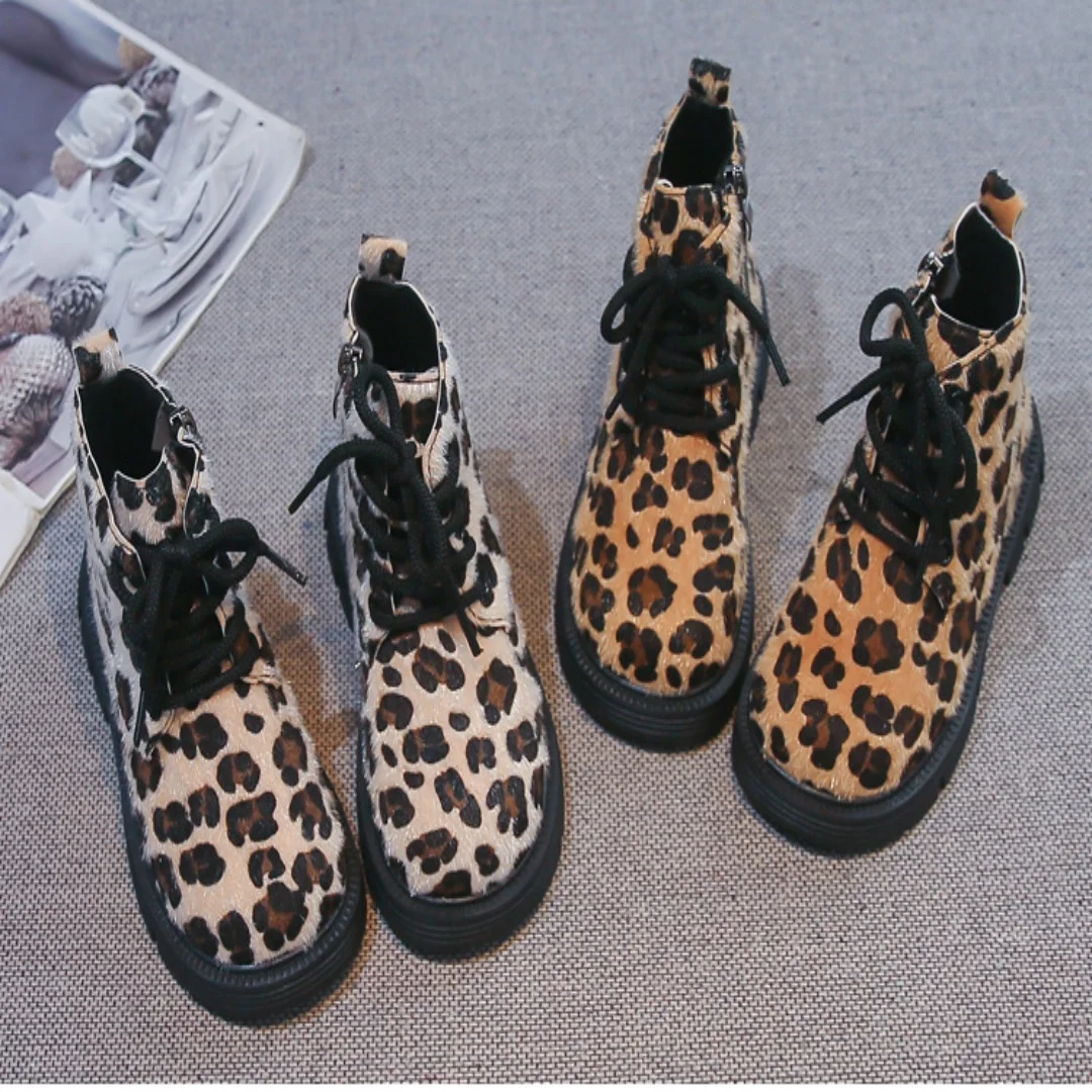 Kids'Boots PU Leather Leopard Print Fashion Autumn Shoes For Children Anti-slip Soft Bottom Warm Khaki Brown Shoes Size 26-36