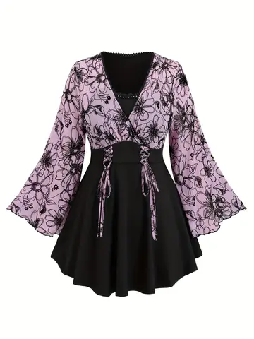 European and American plus size women's floating sleeves flower mesh lace lace stitching top