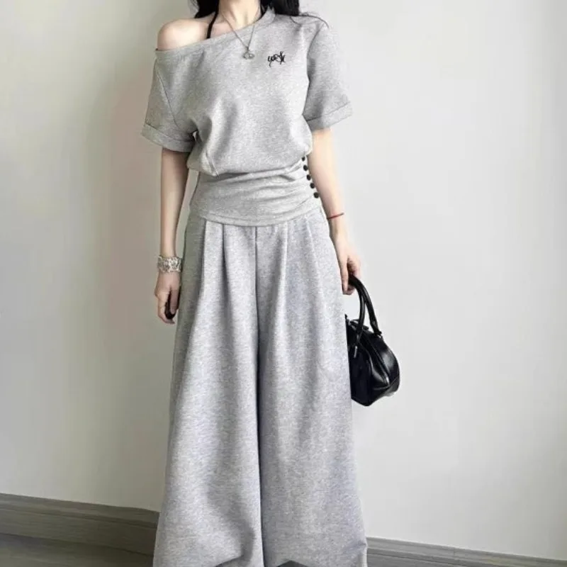 Summer Casual Sportswear Set  Women Short Cinched Waist Off-the-shoulder Top High-waisted Wide-leg Pants Two-piece Set Pantsuit