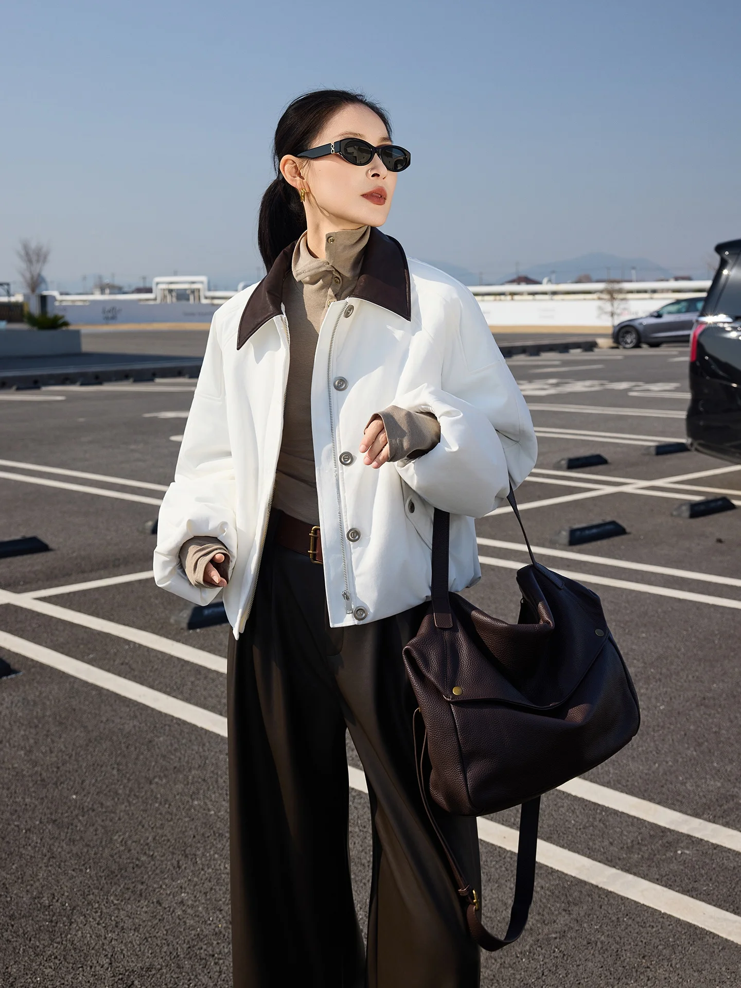 

Зимнее свободное пальто Jieji Zhang с кожаным воротником, хлопковое, женское, простое, на молнии, с длинными рукавами, цветное