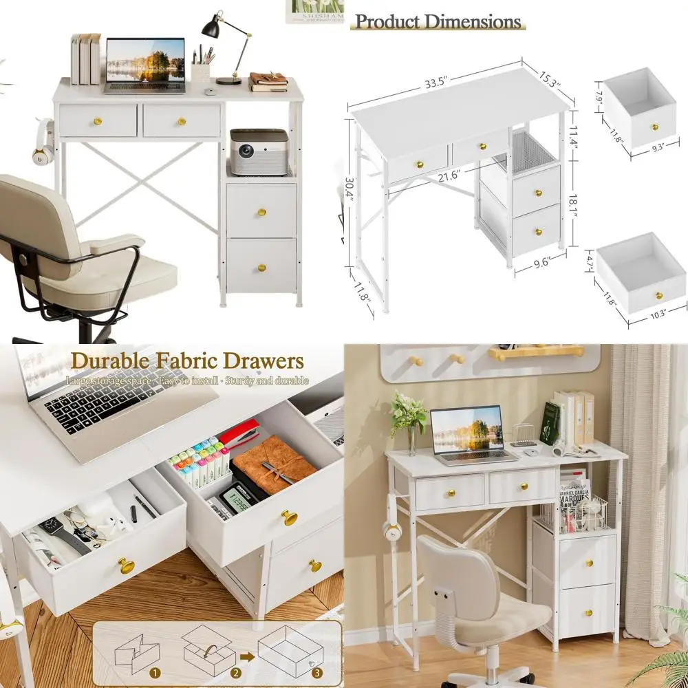 

Compact White Fabric Drawer Desk for Home Office and Kids' Bedroom Study Space