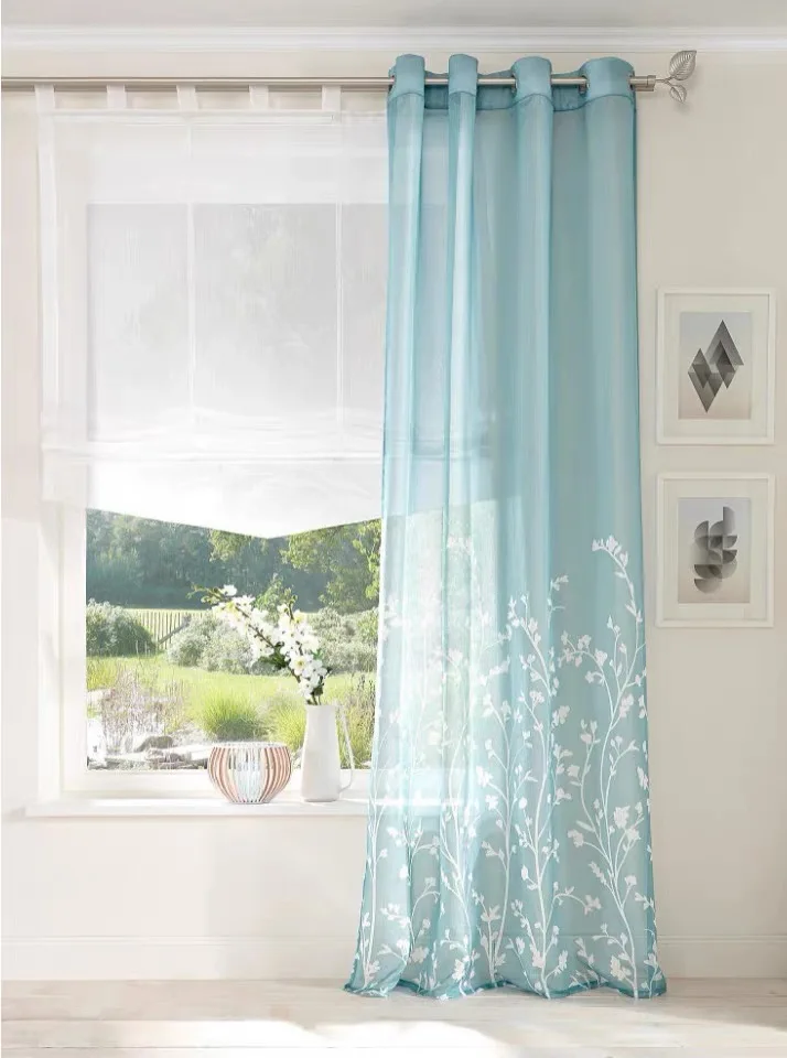 ستائر رومانية بجيب قضيب لباب المطبخ وممر الزهور المطرزة باللون الأبيض من التول ونافذة كبيرة لغرفة النوم #5