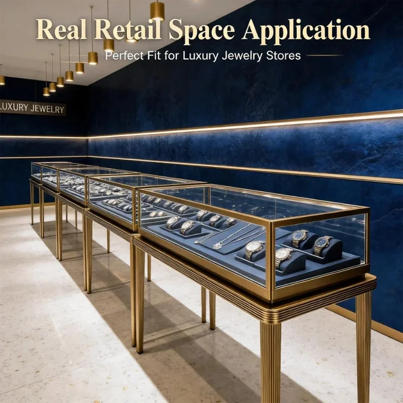 custom.Luxury Glass Jewelry LED Display Cabinet Retail Mall Use Heavy Duty Recyclable Customized Elegant Design Waterp