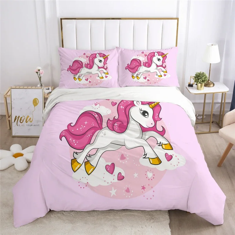 3D Unicorn Pattern Duvet Cover Set Pillowcase Children Lovely Cartoon Bedding Set Twin Full Queen King Size for Bedroom Decor