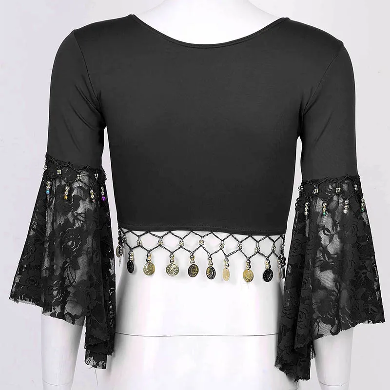 Mujer encaje Patchwork tres cuartos manga acampanada borla con cuentas con cordones chal Crop Tops cárdigan traje de danza del vientre indio