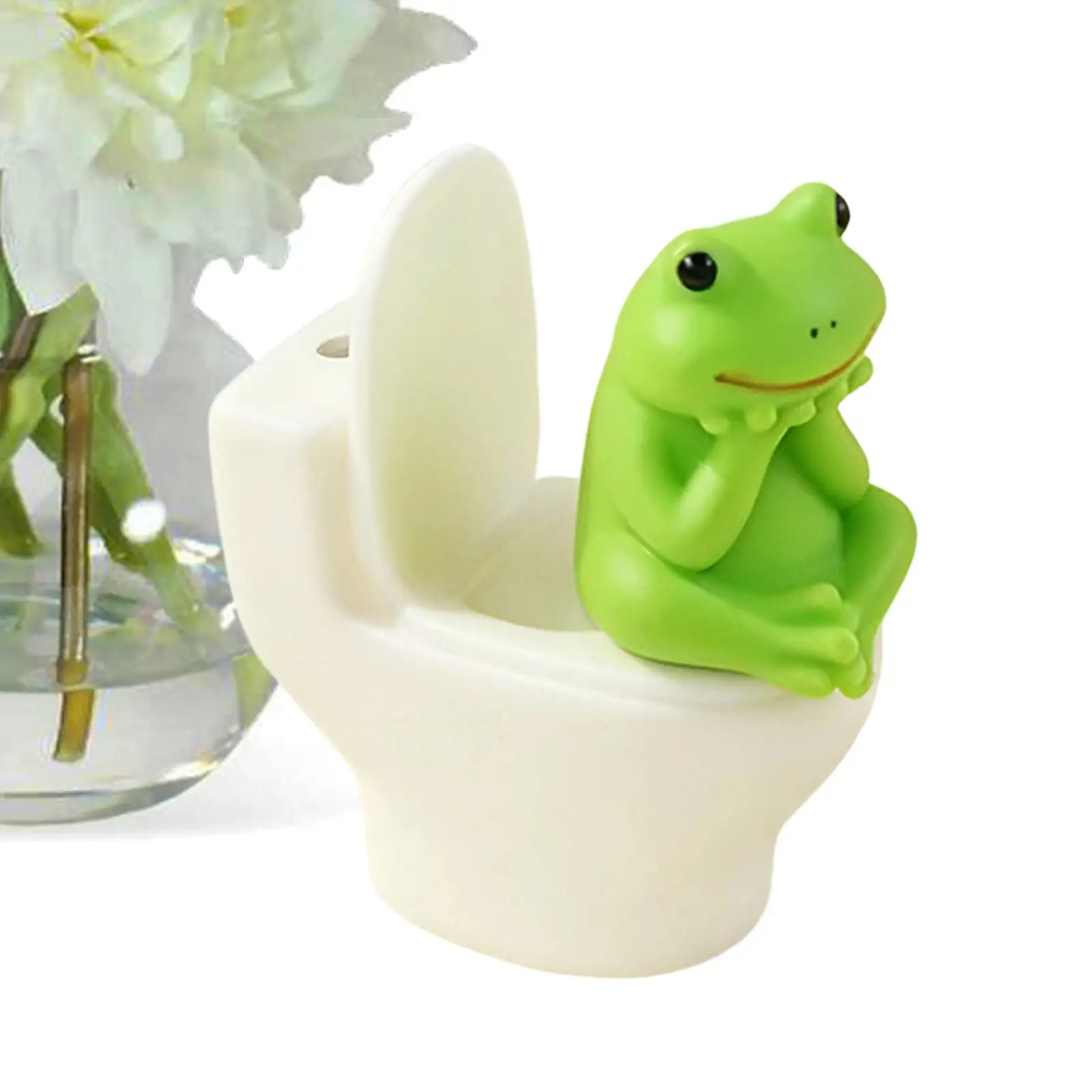 Comfortable Toilet Pet Frog Sitting on a Toilet Seat, Cute, Fun, Elegant, Toilet Pig Desk Accessory, Bathroom Decoration