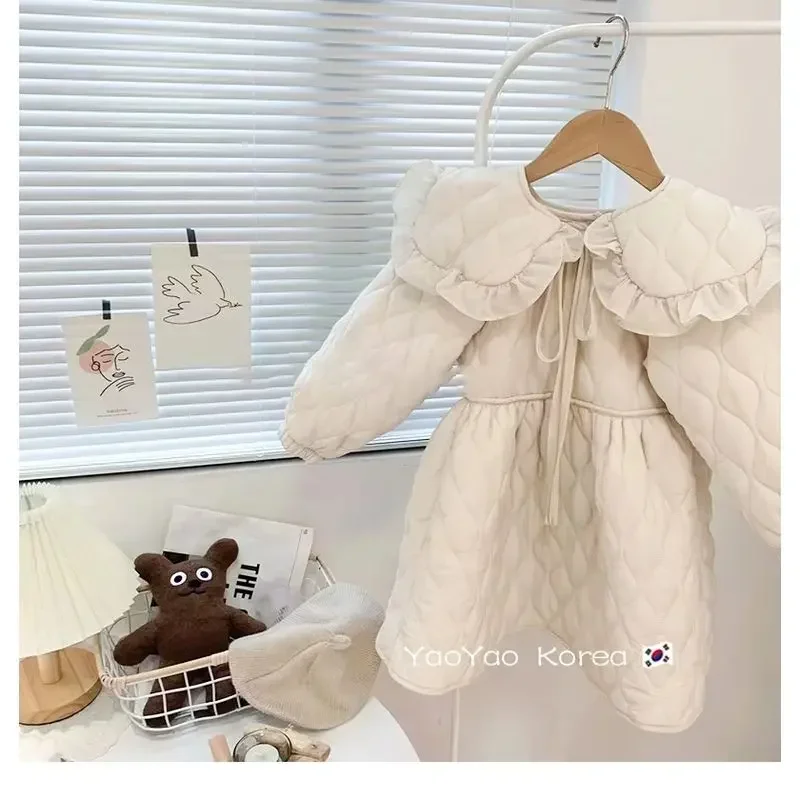 Girls Cotton Dress 2024 Fashion Korean Winter Girls Cotton Dress Children Turn-down Collar Thickened Warm Dress