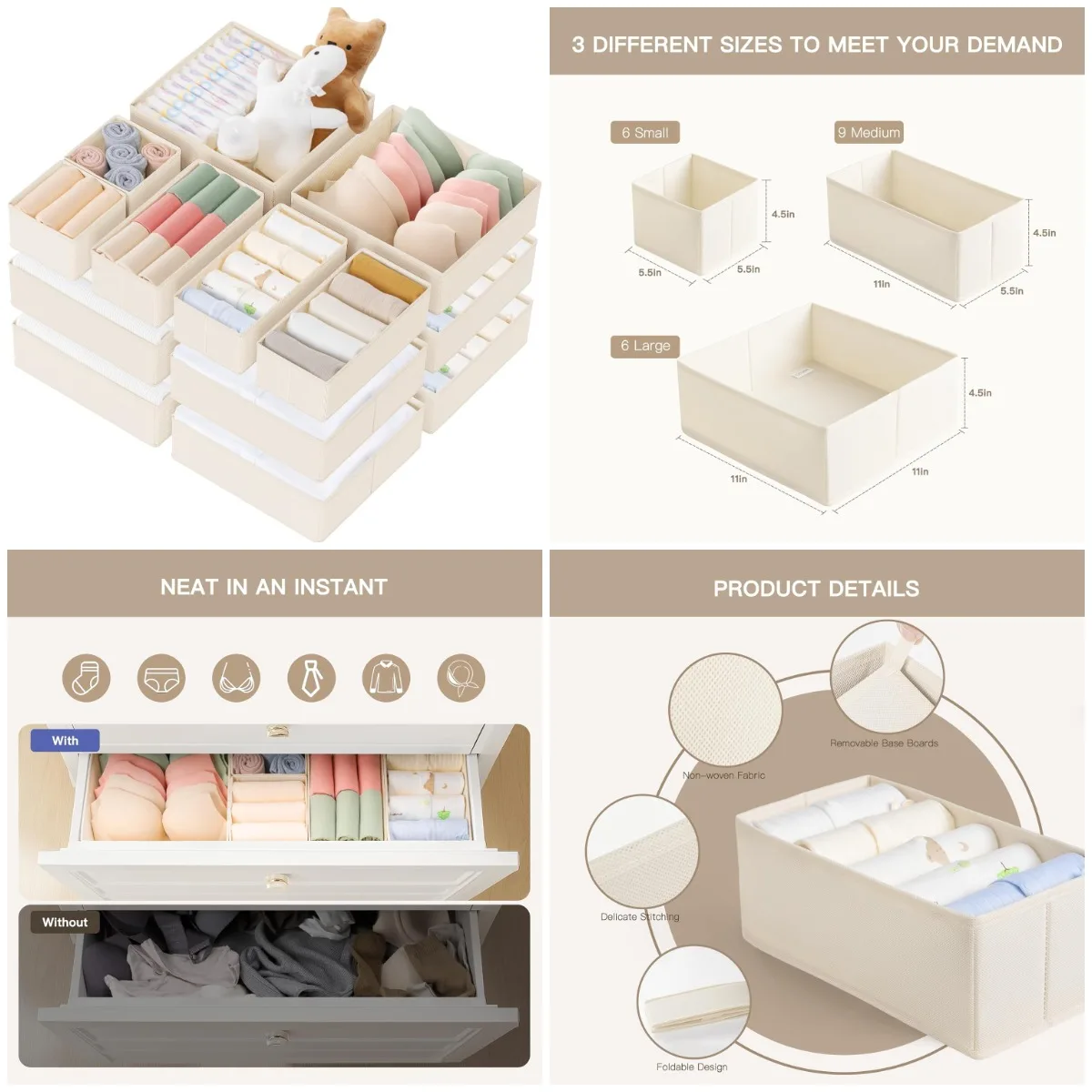 

Drawer Organizer for Baby Clothes, 21-Pack Foldable Storage Bins - Beige