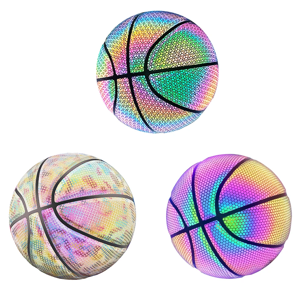 

Colorful Basketball Creative Holographic Reflective PU Leather Ball Cool Night Glowing Basketball for Outdoor Sports
