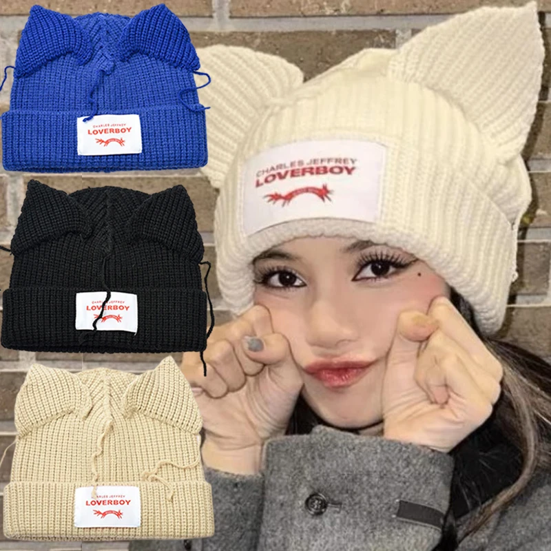 

Cat Ear Knitted Hat Double-layer Warm Lover Boy Pig Ear Woolen Hat Cute Fashion Hooded Cap Niche Hip-hop Winter Pullover Hat