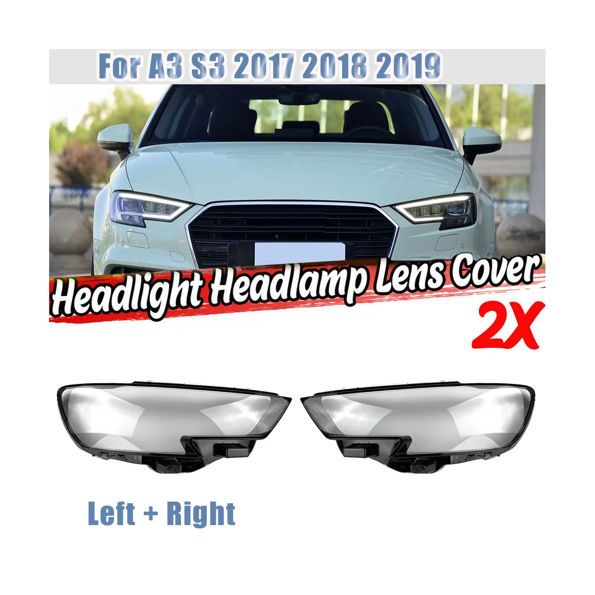 Left Side Headlight Lens Cover Durable for Audi A3 S3 2017-2020 Car Head Light Shade Shell Headlight Glass Housings