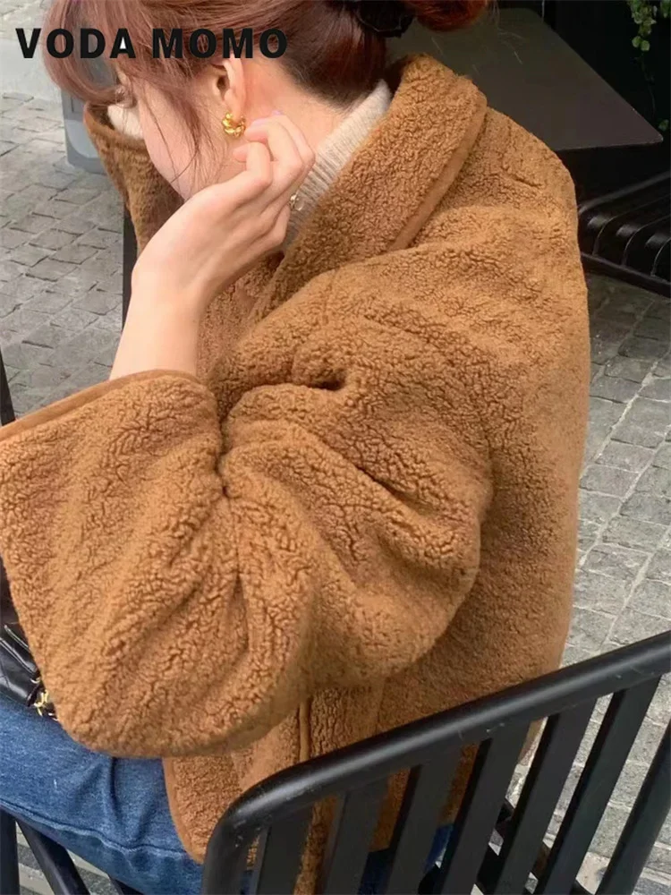 Women's Winter Sweet Korean stytle Warm Harajuku Plush Coat Lamb Fur Jacket Doll Collar Single Breasted Short Outerwears 2024