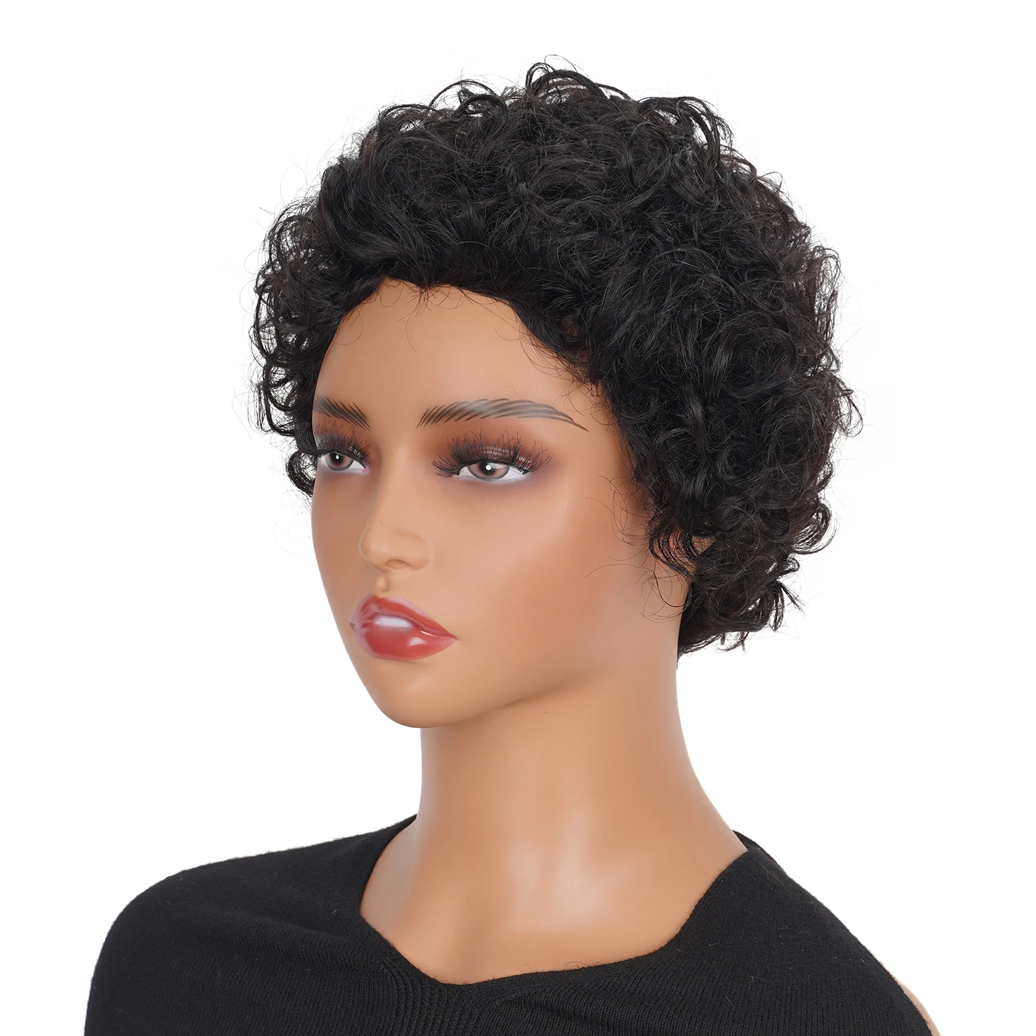 Curto Afro Kinky Curly Cabelo Humano Perucas para Mulheres Negras, Peruca Fofa com Franja, Corte Pixie Brasileiro, Peruca de Máquina