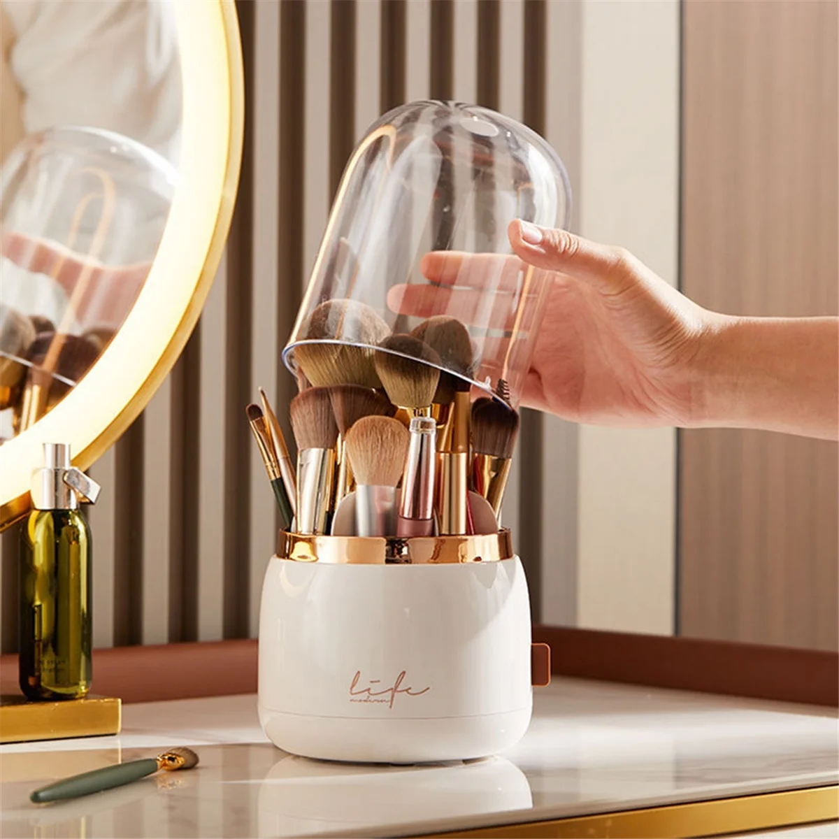 ABGU Multifuncional 360 °   Soporte giratorio para brochas de maquillaje, organizador cosmético de escritorio portátil para artista de maquillaje, verde oscuro