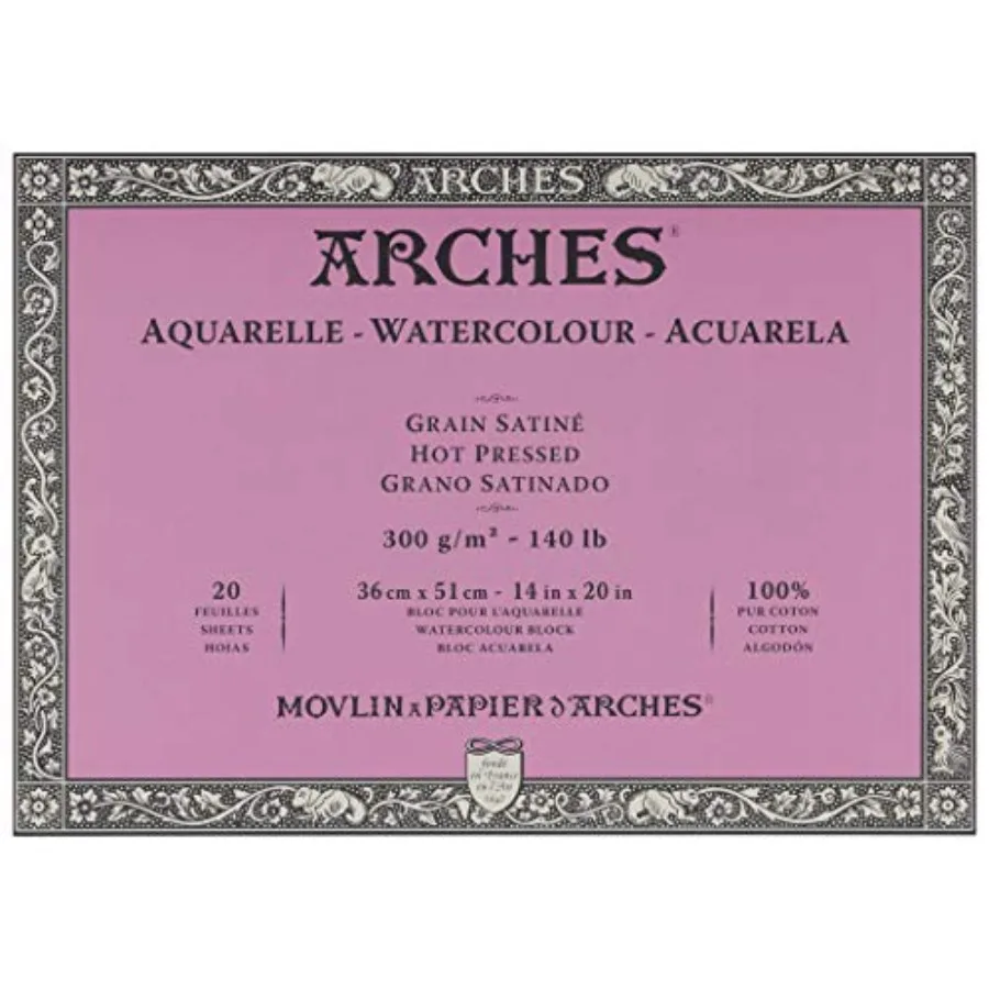 

Блок акварельной бумаги Arches Hot Press 140lb 14x20 с 4-мя подставками Upsyde Angle Lifts для художественной живописи и скетчинга, гладкая текстура
