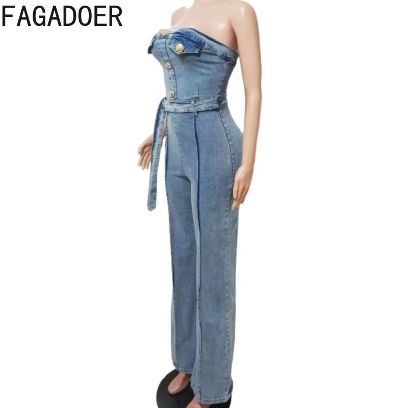 FAGADOER Summer New Sexy Denim Bodycon Jumpsuit Women Sleeveless Backless Straight Jeans Romper Female Streetwear Overalls 2025