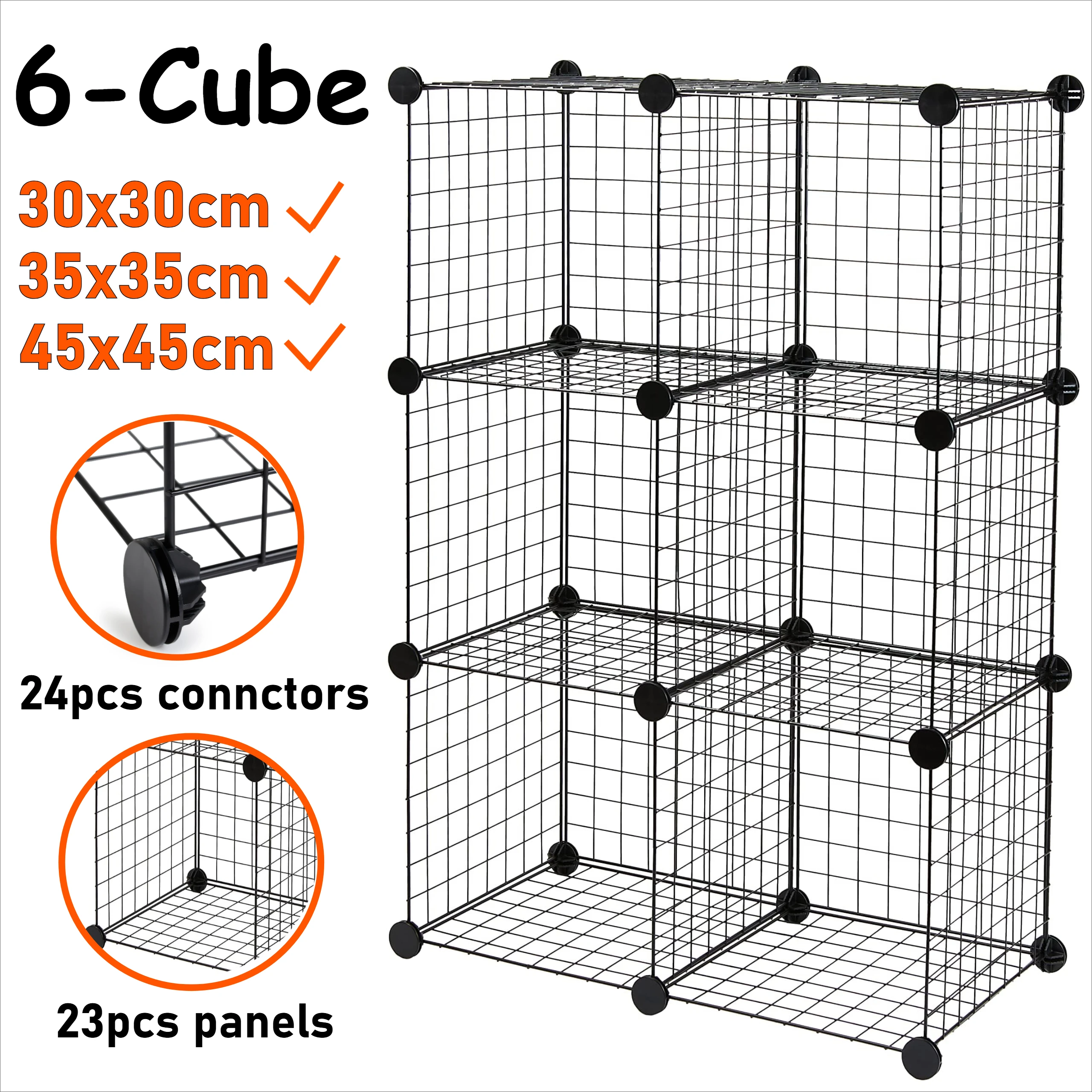 Black/White 6-Cube Wire Grid Stackable Storage Shelves 30x30cm/35x35cm/45x45cm for DIY Bookshelf Office Living Room Kitchen