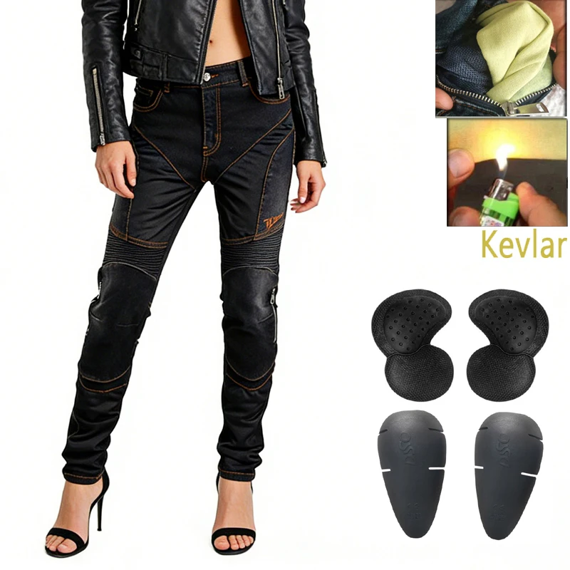 

Summer Women Black Kevlar Knee Motorcycle Jeans Abrasion Resistant Breathable Dirt Bike Protective Riding Pants
