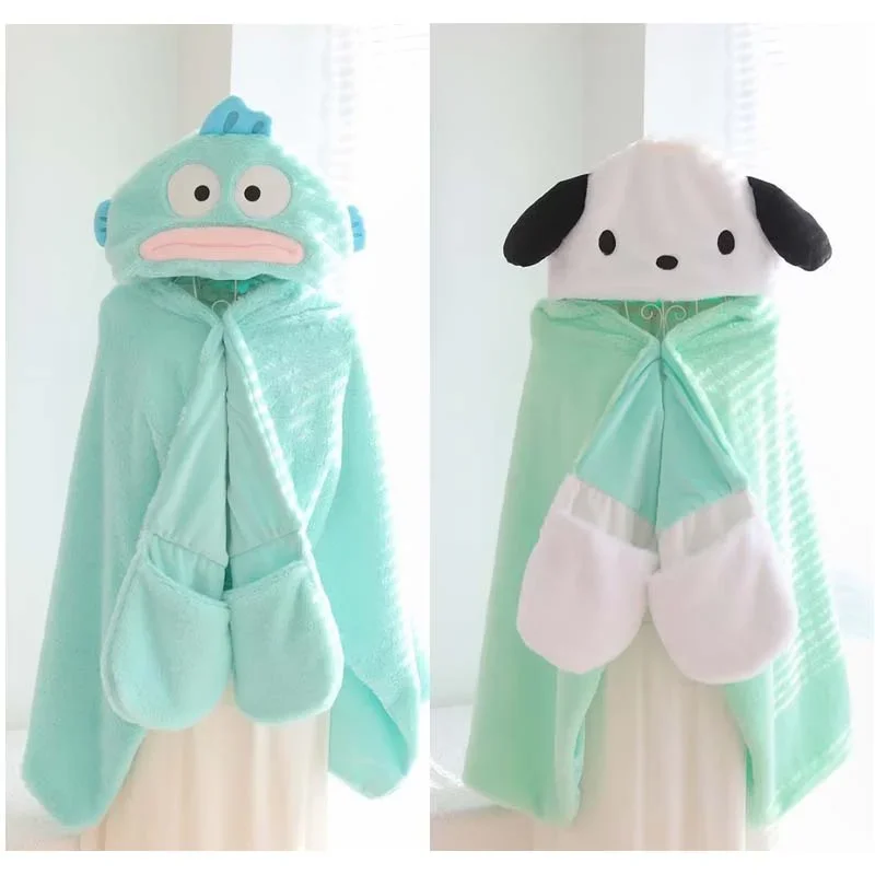 Anime Kawaii Miniso Sanrio Pochacco Hangyodon Cartoon Plushie Hooded Cloak Cute Plush Cape Office Air Conditioning Naps Blanket