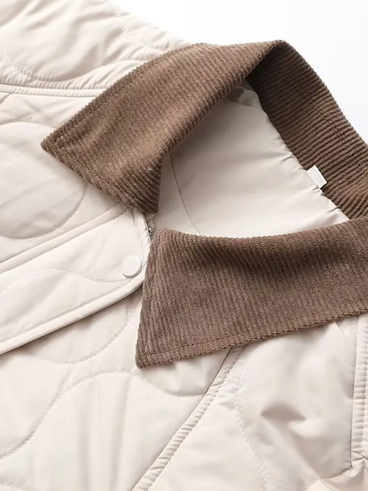 NLZGMSJ Giacca trapuntata da donna 2025 Tasche a maniche lunghe invernali Cappotto imbottito in cotone sciolto Colletto in velluto a coste Parka Capispalla Y2K