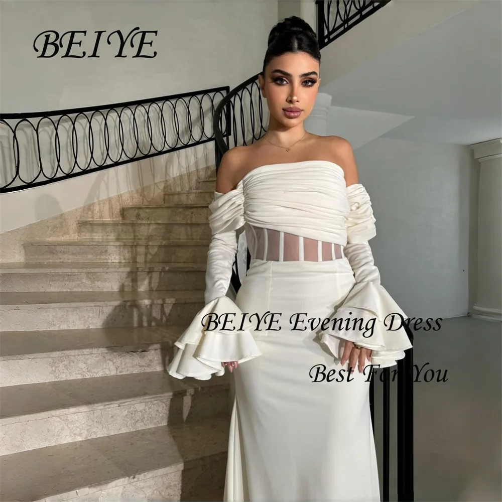 Beye encantador marfim mangas compridas sereia sem alças fora do ombro vestidos de noite vestido de baile formal vestido de festa personalizado