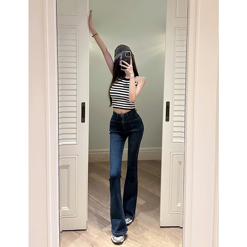 

High Waist Bell Bot Jeans Women's Sexy Slimming Design High Faion Retro Blue Long Trousers Trendy Cotton Stretch Denim
