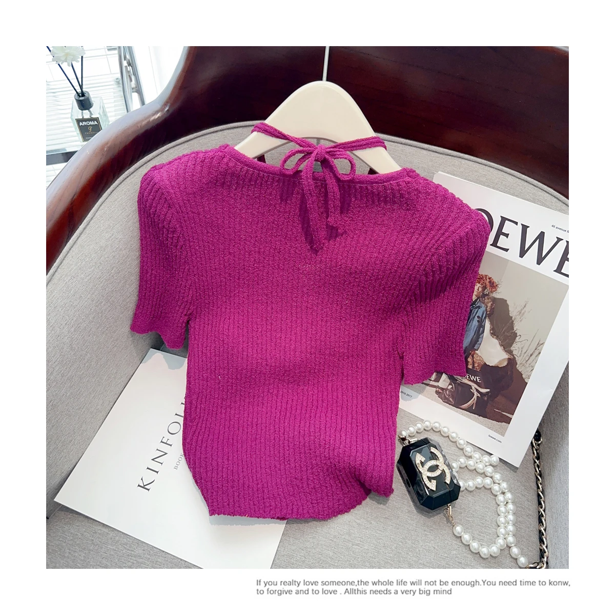 Fake Two Pieces Halter Slim Knit Sweater Tops Women 2023 Summer Short Sleeve V-neck Single-breasted Knitwear Stylish Sexy Jumper