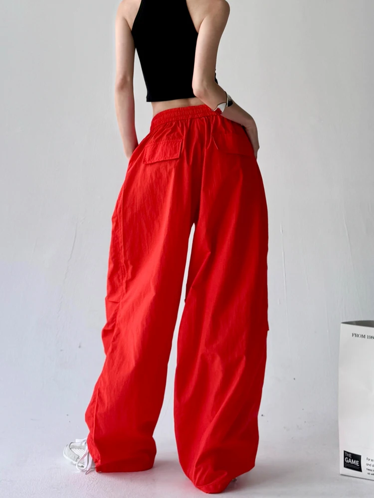 Eleganckie pomarańczowe spodnie robocze damskie na wiosnę i lato, cienkie, plisowane, z szerokimi nogawkami, codzienne spodnie, wygodne, luźny krój, wysoki stan, materiał nylonowy.