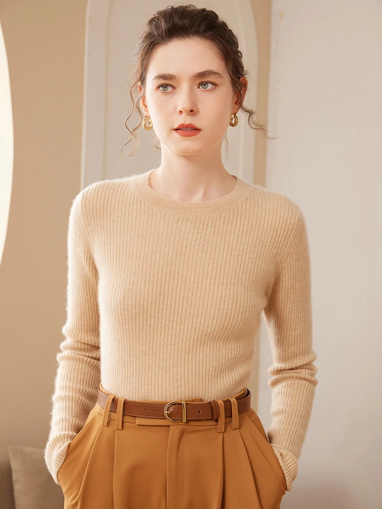 

MEETCC Women 100% Cashmere Pullover Autumn Winter O Neck Basic Slim Cashmere Sweater Soft Warm Long Sleeve Tops Clothing