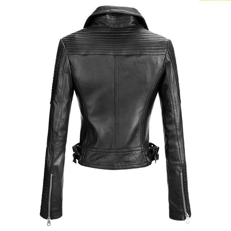 NEW HOT Women's Genuine Lambskin Leather Jacket Motorcycle Slim Fit Black Coat