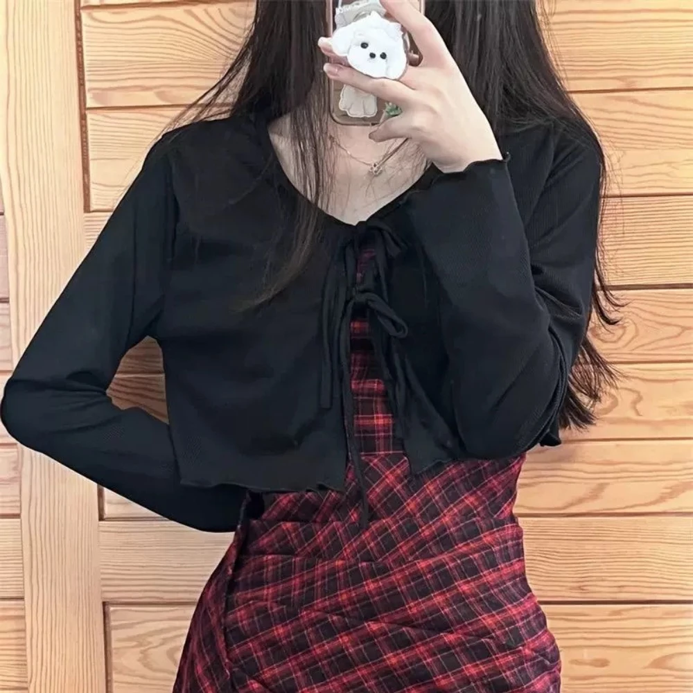 

Женские кардиганы, однотонные, тонкие, с бандажным дизайном, укороченные топы, стильная уличная одежда для подростков, универсальные, милые, милые, вязаные, базовые