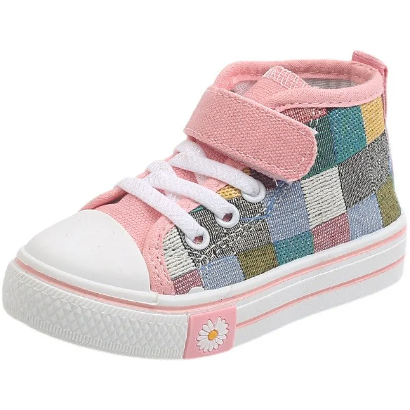 Children Sneakers Kids Casual Shoes Boys Girls Canvas Shoes High Top Checkered Lattice Fashion Breathable Soft Spring